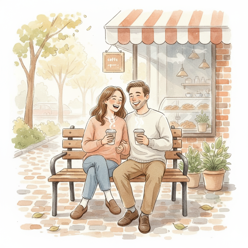 兩位家長在咖啡店外長椅上分享笑容