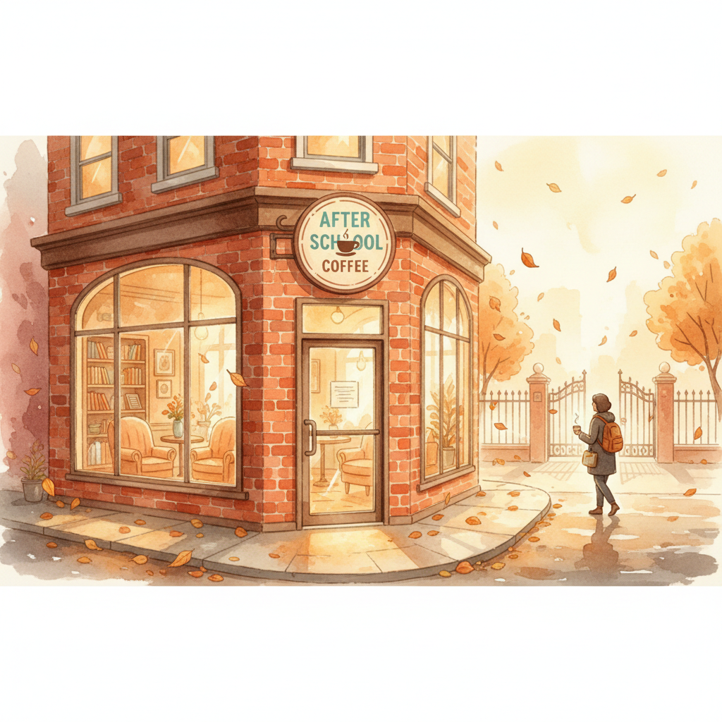 咖啡店黃昏外觀水彩畫